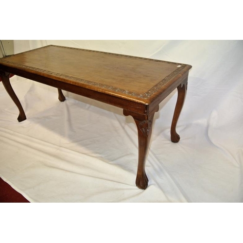 81 - Edwardian mahogany oblong coffee or occasional table with foliate carving, on cabriole legs with cla... 