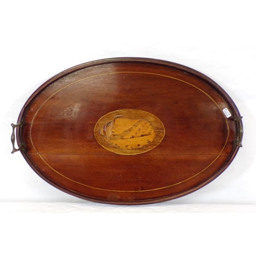 83 - Edwardian oval inlaid mahogany drinks tray with shaped handles and shell inlay