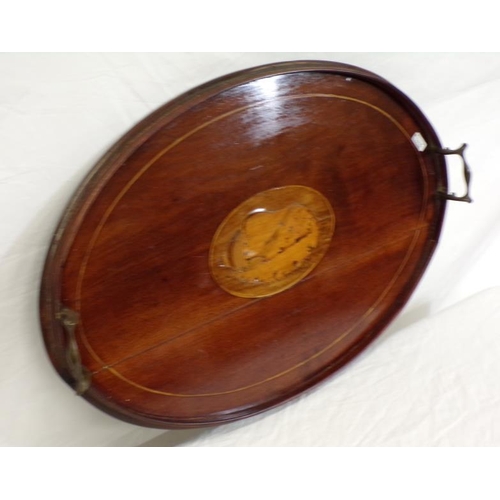 83 - Edwardian oval inlaid mahogany drinks tray with shaped handles and shell inlay