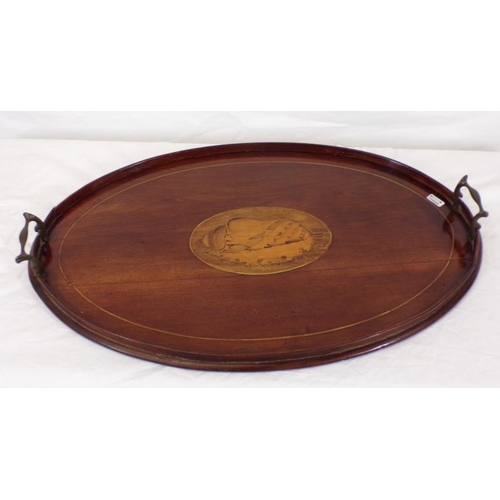 83 - Edwardian oval inlaid mahogany drinks tray with shaped handles and shell inlay