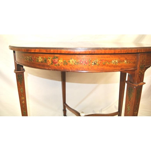 89 - Edwardian round inlaid satinwood occasional table with ornate foliate and ribbon decoration, on squa... 