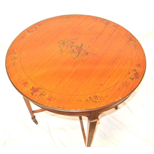 89 - Edwardian round inlaid satinwood occasional table with ornate foliate and ribbon decoration, on squa... 