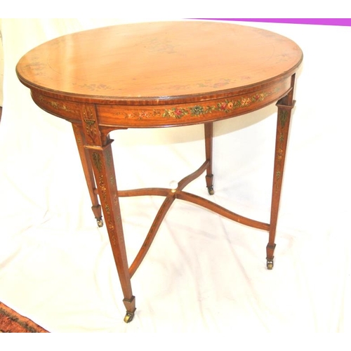 89 - Edwardian round inlaid satinwood occasional table with ornate foliate and ribbon decoration, on squa... 