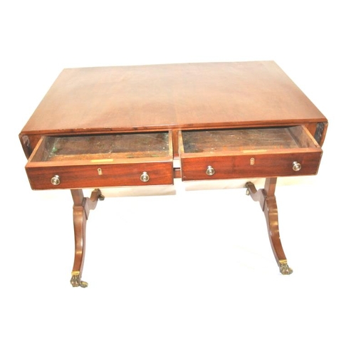 90 - Edwardian mahogany sofa table with D-shaped drop leaves, pull-out supports, two frieze drawers with ... 