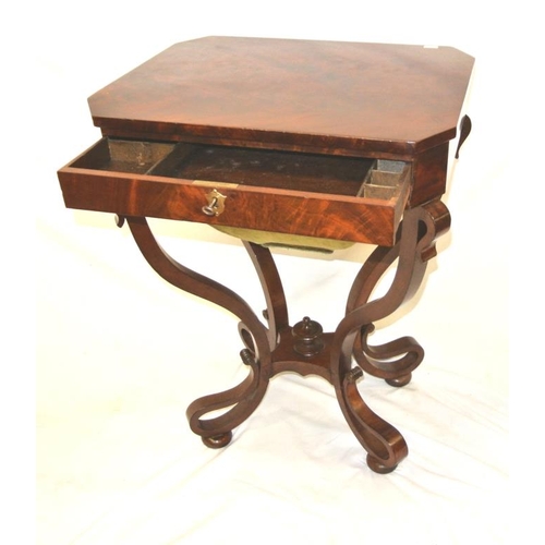 94 - Victorian mahogany side or work table with angled corners, fitted frieze drawer, with brass escutche... 