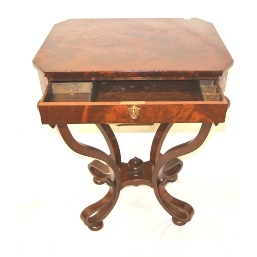 94 - Victorian mahogany side or work table with angled corners, fitted frieze drawer, with brass escutche... 