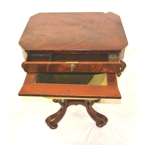 94 - Victorian mahogany side or work table with angled corners, fitted frieze drawer, with brass escutche... 