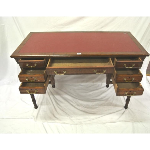 95 - Edwardian oblong desk with leatherette inset, three frieze and four side drawers with ornate brass d... 