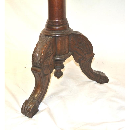 96 - Victorian round zebra wood occasional table with turned column, on foliate carved tripod