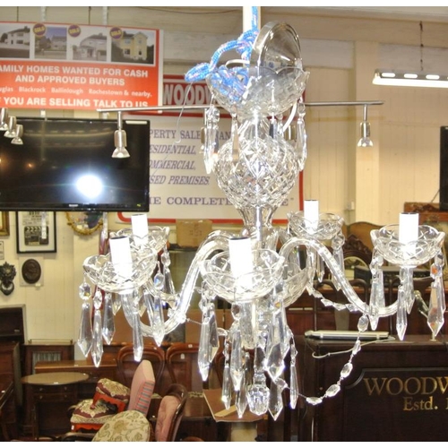 97 - Pair of Waterford Crystal cut glass five branch chandeliers with S-shaped arms, and 3 double side li... 