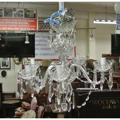 97 - Pair of Waterford Crystal cut glass five branch chandeliers with S-shaped arms, and 3 double side li... 