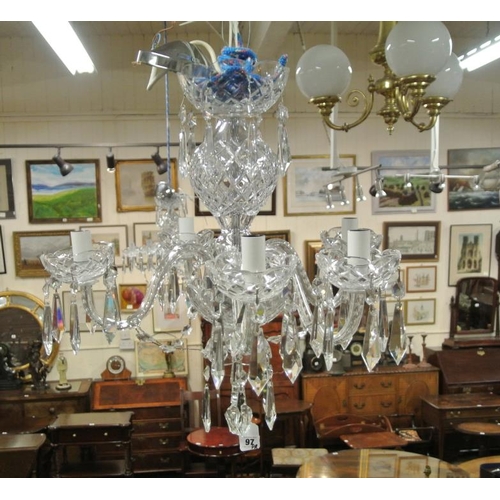 97 - Pair of Waterford Crystal cut glass five branch chandeliers with S-shaped arms, and 3 double side li... 