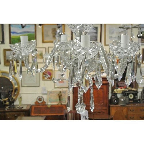 97 - Pair of Waterford Crystal cut glass five branch chandeliers with S-shaped arms, and 3 double side li... 