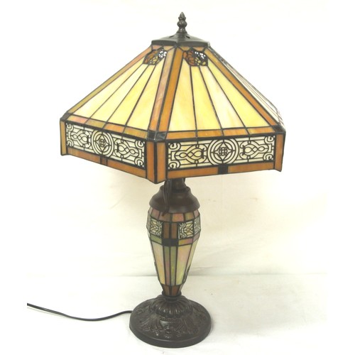 108 - Art Deco style electric table lamp with hexagonal panelled shade and body on round foliate decorated... 