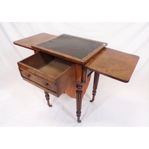 195 - Georgian walnut work or side table with leatherette inset, drop leaves with pull-out supports, friez... 