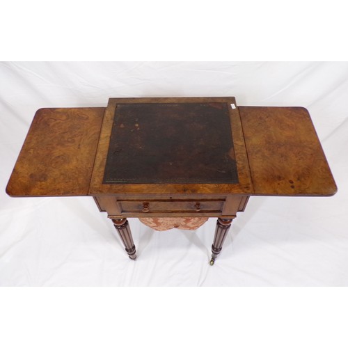 195 - Georgian walnut work or side table with leatherette inset, drop leaves with pull-out supports, friez... 