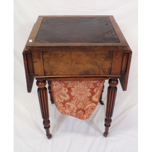 195 - Georgian walnut work or side table with leatherette inset, drop leaves with pull-out supports, friez... 