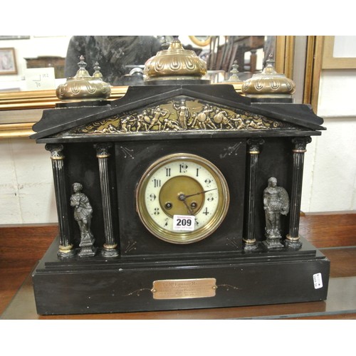 209 - Ornate French style slate mantle clock with brass finials, Corinthian columns, mini statuettes, circ... 