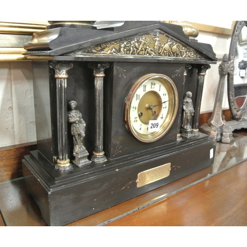 209 - Ornate French style slate mantle clock with brass finials, Corinthian columns, mini statuettes, circ... 