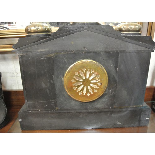 209 - Ornate French style slate mantle clock with brass finials, Corinthian columns, mini statuettes, circ... 