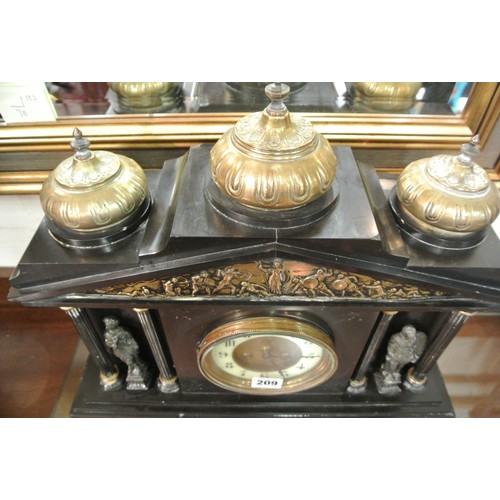 209 - Ornate French style slate mantle clock with brass finials, Corinthian columns, mini statuettes, circ... 