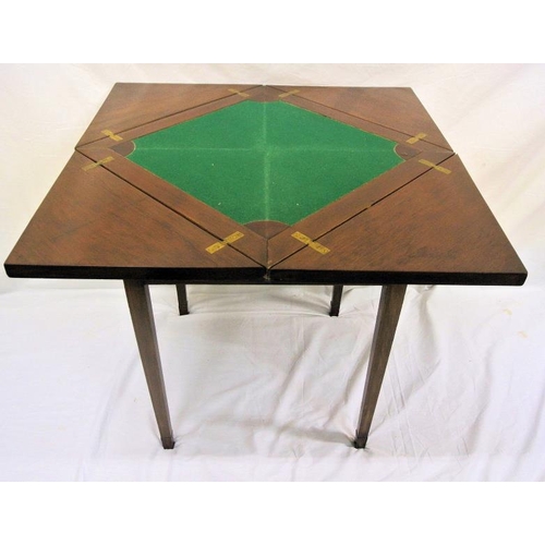 106 - Edwardian inlaid and crossbanded mahogany envelope card table with swivel top, fold-out diamonds, ba... 