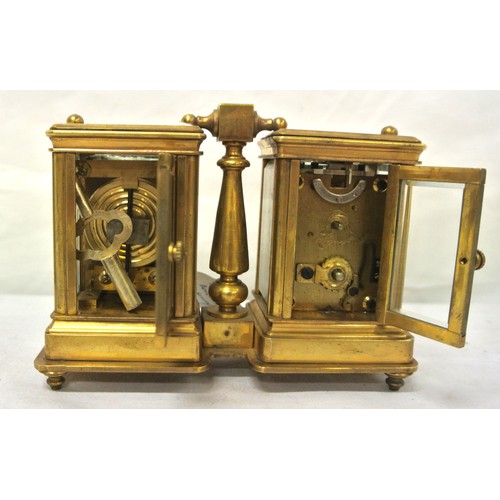 293 - Miniature double brass cased carriage clock and barometer with enamel dials and bevelled glass panel... 