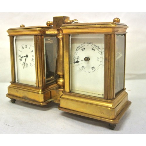 293 - Miniature double brass cased carriage clock and barometer with enamel dials and bevelled glass panel... 