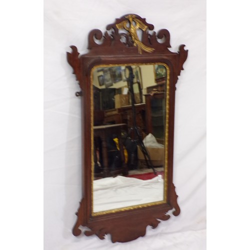 159 - Queen Anne mahogany framed wall mirror with scroll bird decorated pediment