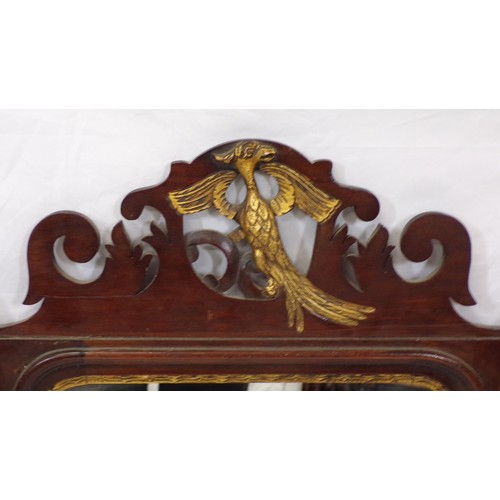 159 - Queen Anne mahogany framed wall mirror with scroll bird decorated pediment