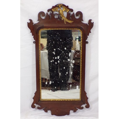 159 - Queen Anne mahogany framed wall mirror with scroll bird decorated pediment