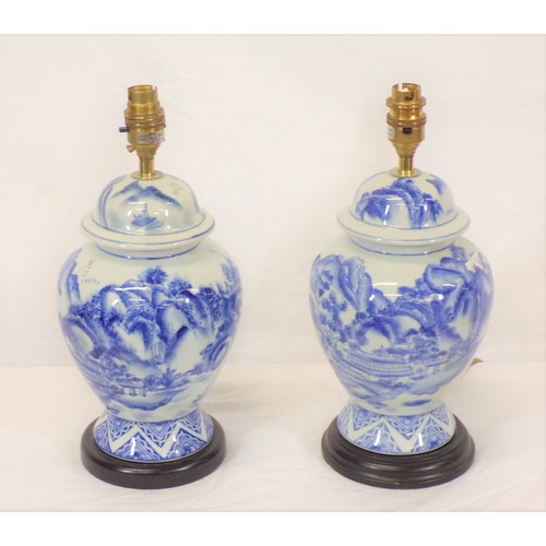 182A - Pair of baluster shaped electric lamps with blue and white foliate decoration (no shades)