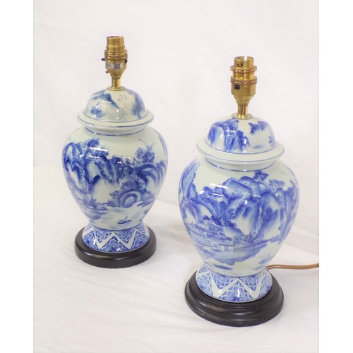 182A - Pair of baluster shaped electric lamps with blue and white foliate decoration (no shades)