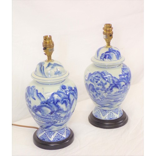 182A - Pair of baluster shaped electric lamps with blue and white foliate decoration (no shades)