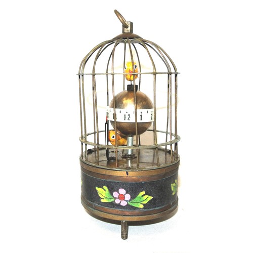 184A - Automaton birdcage clock with 2 birds and a globe in a cage