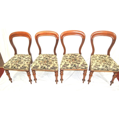 353 - Set of four Victorian balloon back dining chairs with foliate upholstery, on baluster turned legs