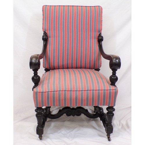 354 - Georgian carved oak armchair with scroll decorated arms, stripe upholstery, ornate carved columns, w... 