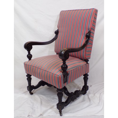 354 - Georgian carved oak armchair with scroll decorated arms, stripe upholstery, ornate carved columns, w... 