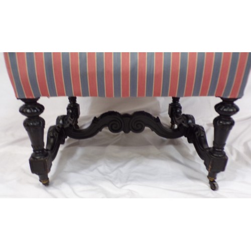 354 - Georgian carved oak armchair with scroll decorated arms, stripe upholstery, ornate carved columns, w... 