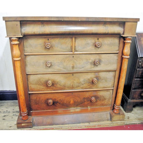 30 - Victorian walnut Scotch chest with frieze drawer, two short and three long drawers under, turned col... 