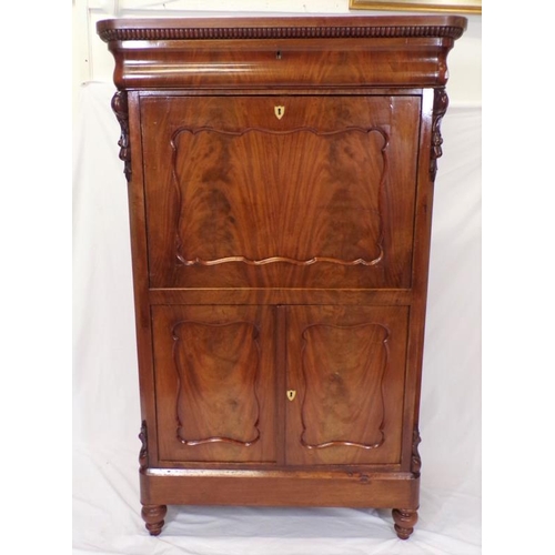 60 - Louis XV style mahogany secretaire abbant with reeded frieze, serpentine fronted top drawer, drop-do... 