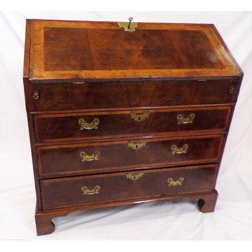 65 - George II inlaid and crossbanded walnut and rosewood bureau with drop-down front, pull-out supports,... 