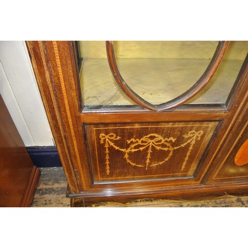 185 - Edwardian inlaid mahogany display cabinet with glazed doors and sides, shelved interior, ribbon and ... 