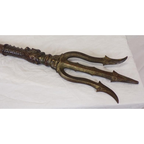 192 - Set of three Chinese bronze ceremonial polearms, with scroll, dragon and scale decoration, and shape... 