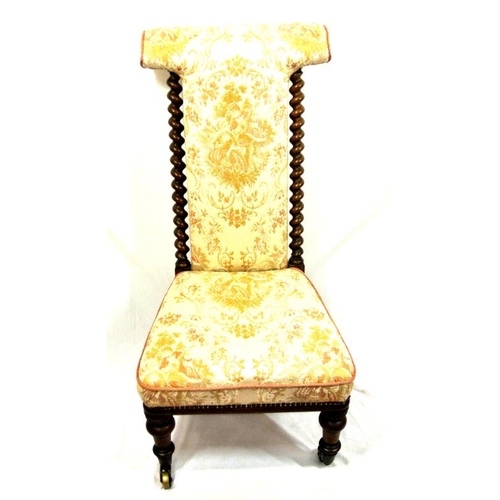 381 - Victorian walnut nursing chair with ornate gilt foliate upholstery, barleytwist columns, on baluster... 