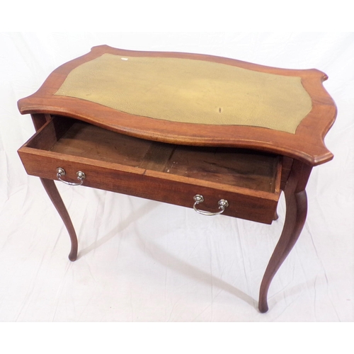 106 - Edwardian mahogany hall or side table with serpentine sides, leatherette inset, frieze drawer with d... 