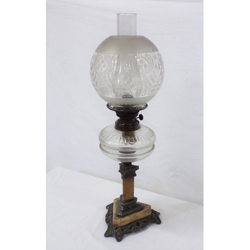 112 - Victorian table oil lamp with etched shade, glass bowl, on ornate marble and metal shaped base