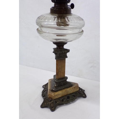 112 - Victorian table oil lamp with etched shade, glass bowl, on ornate marble and metal shaped base