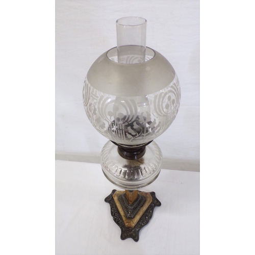 112 - Victorian table oil lamp with etched shade, glass bowl, on ornate marble and metal shaped base