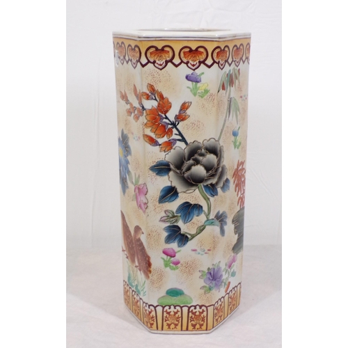 114 - Oriental style hexagonal shaped stick or umbrella stand with ornate bird and foliate decoration